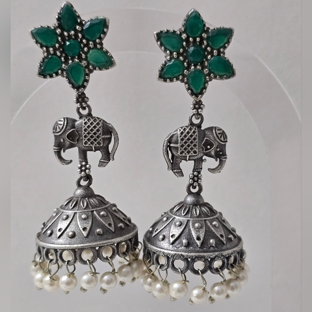 Silver Elephant Emerald Earrings